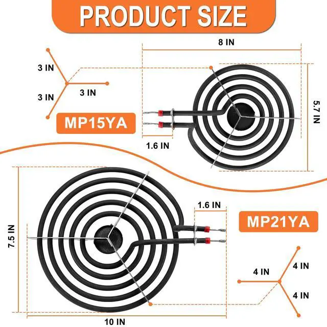Alt view image 5 of 7 - W10290350 W10290353 Porcelain Burner Drip Pan Bowls & MP22YA Electric Range Burner Element Unit Set by -Compatible with Whirl-pool Frigi-daire Ama-na Range Oven/Stove