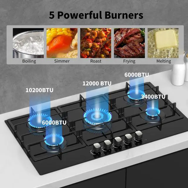 Alt view image 2 of 7 - 36 Inch Gas Cooktop Propane Stove, 5 Burner Built-in Gas Stove Top with Tempered Glass Panel, NG/LPG Dual Fuel Auto Ignition Propane Cooktop with Thermocouple Protection