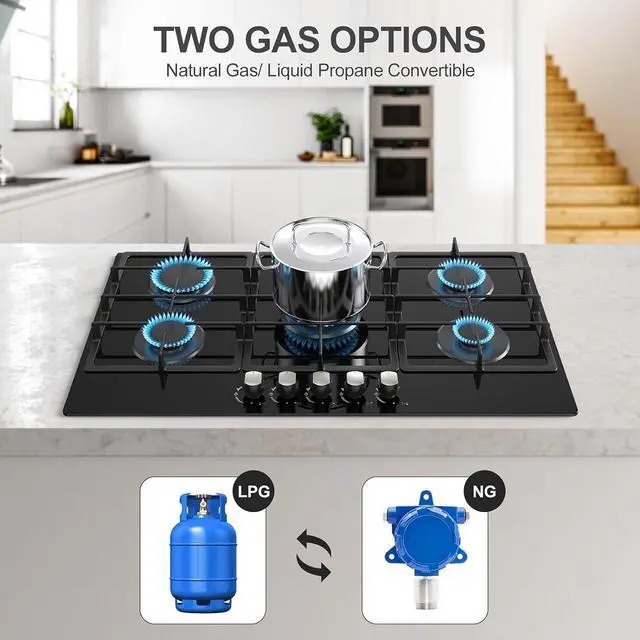 Alt view image 3 of 7 - 36 Inch Gas Cooktop Propane Stove, 5 Burner Built-in Gas Stove Top with Tempered Glass Panel, NG/LPG Dual Fuel Auto Ignition Propane Cooktop with Thermocouple Protection