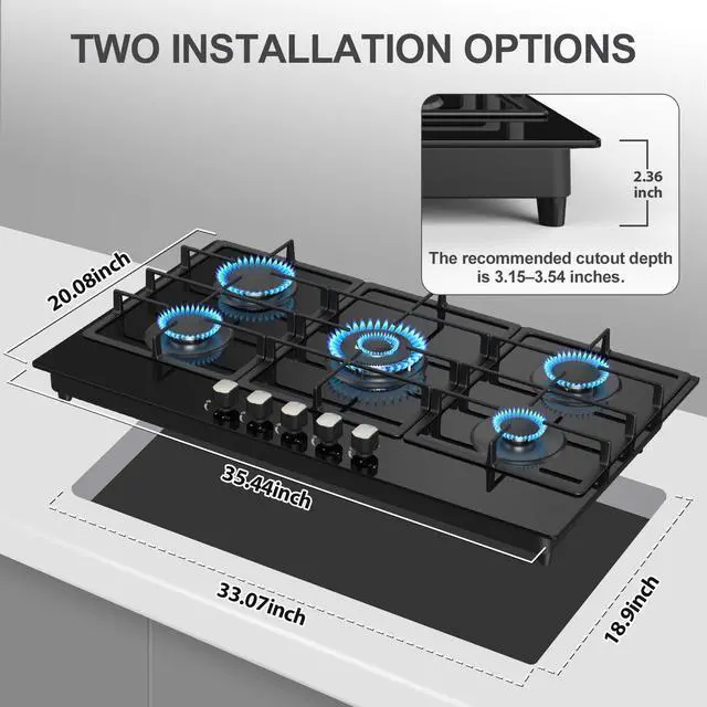 Alt view image 4 of 7 - 36 Inch Gas Cooktop Propane Stove, 5 Burner Built-in Gas Stove Top with Tempered Glass Panel, NG/LPG Dual Fuel Auto Ignition Propane Cooktop with Thermocouple Protection