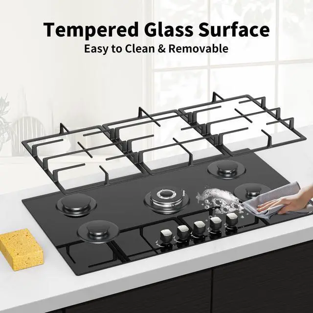 Alt view image 5 of 7 - 36 Inch Gas Cooktop Propane Stove, 5 Burner Built-in Gas Stove Top with Tempered Glass Panel, NG/LPG Dual Fuel Auto Ignition Propane Cooktop with Thermocouple Protection