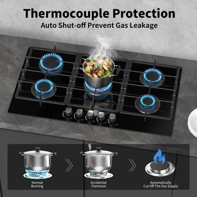 Alt view image 6 of 7 - 36 Inch Gas Cooktop Propane Stove, 5 Burner Built-in Gas Stove Top with Tempered Glass Panel, NG/LPG Dual Fuel Auto Ignition Propane Cooktop with Thermocouple Protection