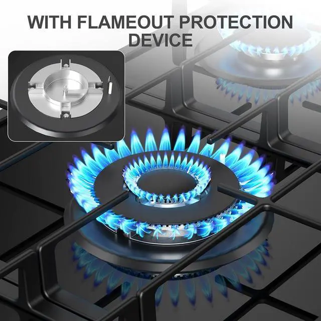 Alt view image 7 of 7 - 36 Inch Gas Cooktop Propane Stove, 5 Burner Built-in Gas Stove Top with Tempered Glass Panel, NG/LPG Dual Fuel Auto Ignition Propane Cooktop with Thermocouple Protection