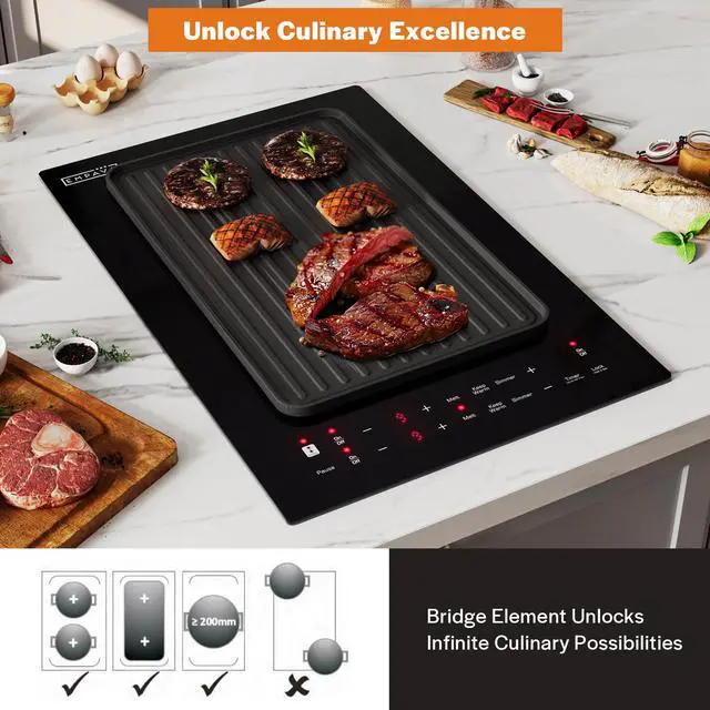 Alt view image 3 of 6 - Flex Induction Cooktop 2 Burner, Vert. Countertop/Drop-in, Plug in | cTUVus Certification, Bridge-SYNC, 3 Preset Modes, 18 Power Levels, 1-299 Min Timer, Pan Sensor, Safety lock, Pause, 1800W