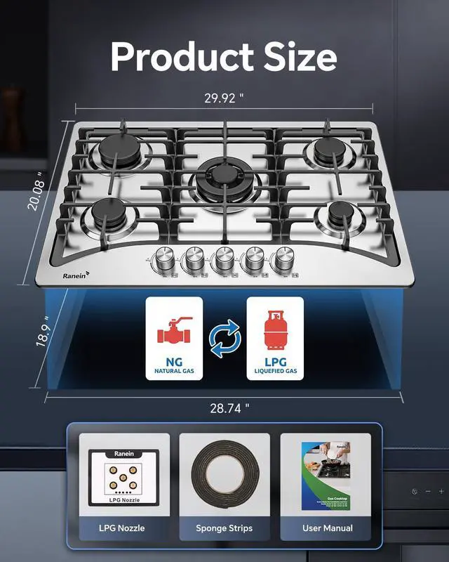Alt view image 2 of 7 - 30 Inch 5 Burner Gas Cooktop, NG/LPG Convertible Gas Stove Top, 304 Stainless Steel with Thermocouple Flameout Protection for Kitchens, Apartments, RVs