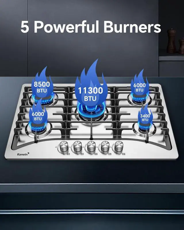 Alt view image 3 of 7 - 30 Inch 5 Burner Gas Cooktop, NG/LPG Convertible Gas Stove Top, 304 Stainless Steel with Thermocouple Flameout Protection for Kitchens, Apartments, RVs