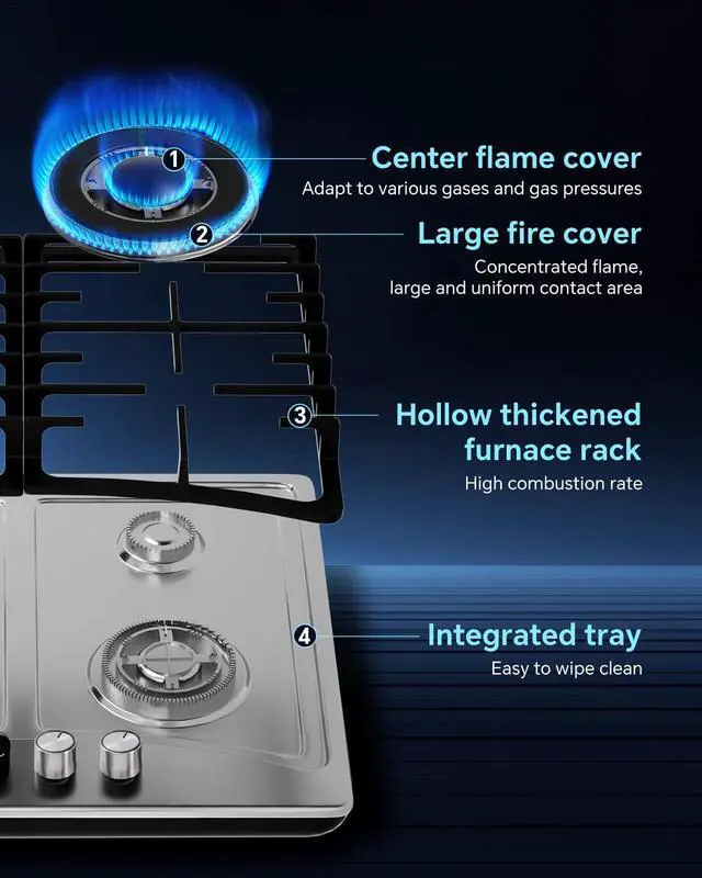 Alt view image 6 of 7 - 34 Inch 5 Burner Gas Cooktop, NG/LPG Convertible Gas Stove Top, 304 Stainless Steel with Thermocouple Flameout Protection for Kitchens, Apartments, RVs