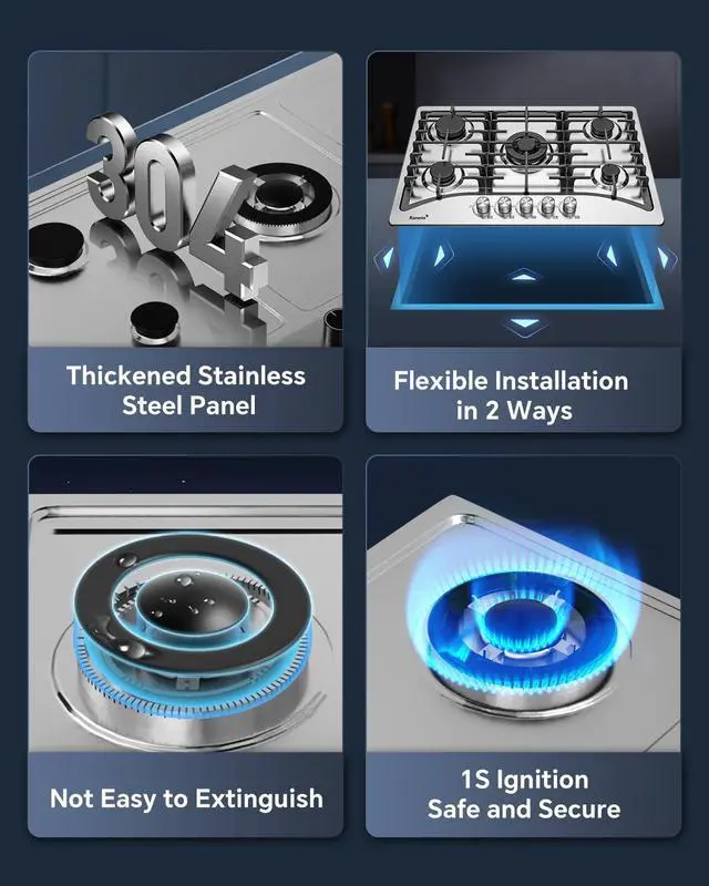 Alt view image 4 of 7 - 30 Inch 5 Burner Gas Cooktop, NG/LPG Convertible Gas Stove Top, 304 Stainless Steel with Thermocouple Flameout Protection for Kitchens, Apartments, RVs