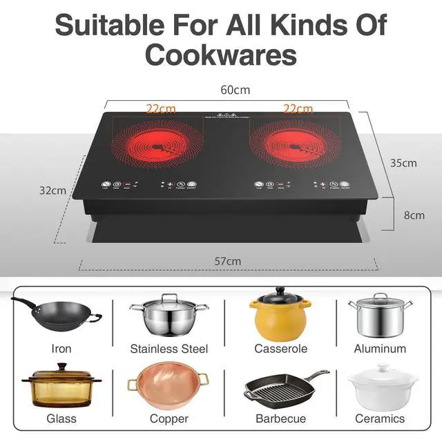 Alt view image 2 of 7 - Electric cooktop,110V 24 inch 2 Burner Electric Cooktop,Built-in and Countertop Stove Top,2200W Stove,9 Power Levels, Kids Lock & Timer,LED touch control,Overheat Protection