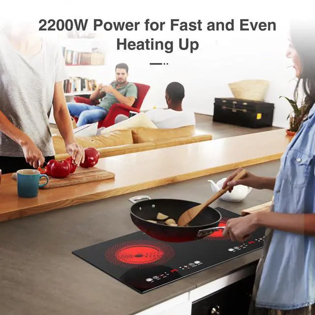 Alt view image 4 of 7 - Electric cooktop,110V 24 inch 2 Burner Electric Cooktop,Built-in and Countertop Stove Top,2200W Stove,9 Power Levels, Kids Lock & Timer,LED touch control,Overheat Protection