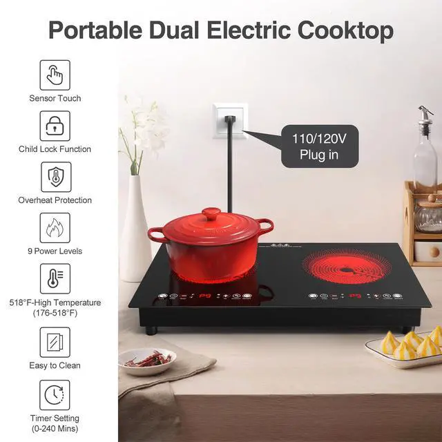 Alt view image 5 of 7 - Electric cooktop,110V 24 inch 2 Burner Electric Cooktop,Built-in and Countertop Stove Top,2200W Stove,9 Power Levels, Kids Lock & Timer,LED touch control,Overheat Protection