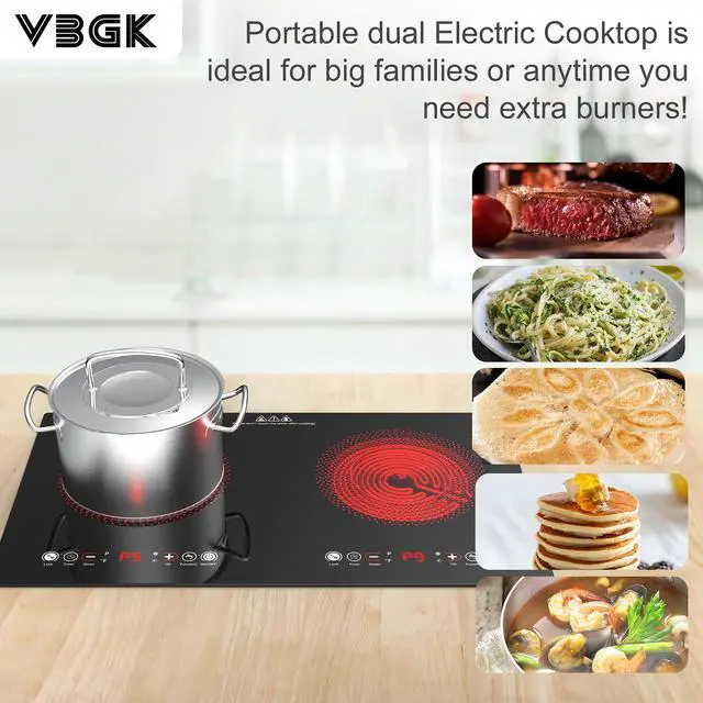 Alt view image 3 of 7 - Electric cooktop,110V 24 inch 2 Burner Electric Cooktop,Built-in and Countertop Stove Top,2200W Stove,9 Power Levels, Kids Lock & Timer,LED touch control,Overheat Protection