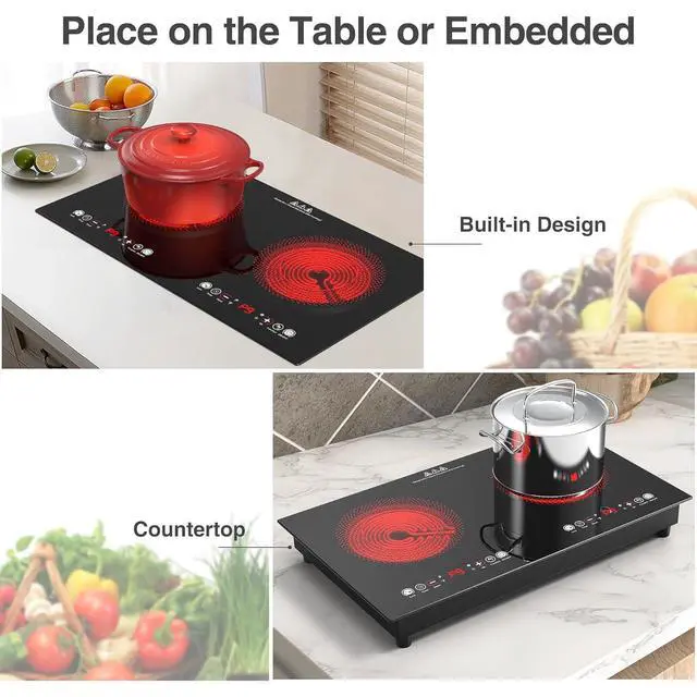 Alt view image 6 of 7 - Electric cooktop,110V 24 inch 2 Burner Electric Cooktop,Built-in and Countertop Stove Top,2200W Stove,9 Power Levels, Kids Lock & Timer,LED touch control,Overheat Protection
