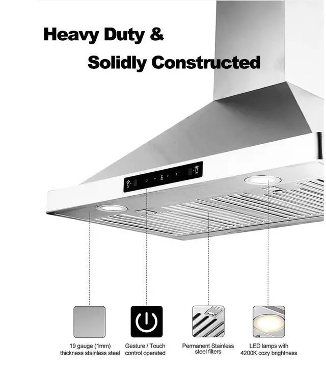 Alt view image 4 of 6 - 30 Inch Wall Mount Range Hood, Stainless Steel 800CFM DC Motor | 6-speed convertible ducted/ductless exhaust fan with durable stainless steel filters for kitchen ventilation