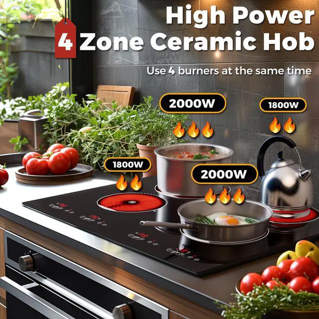 Alt view image 2 of 6 - Electric Cooktop, 4 Burner Electric Stove Top 24 Inch Built-in | 6000W Ceramic Cooktop with Timer, Kid Safety Lock and Knob Control, 9 Heating Level,220v(no plug) (4 burners)