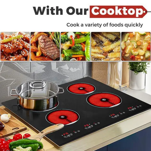 Alt view image 3 of 6 - Electric Cooktop, 4 Burner Electric Stove Top 24 Inch Built-in | 6000W Ceramic Cooktop with Timer, Kid Safety Lock and Knob Control, 9 Heating Level,220v(no plug) (4 burners)