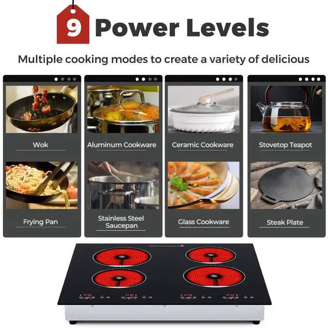 Alt view image 4 of 6 - Electric Cooktop, 4 Burner Electric Stove Top 24 Inch Built-in | 6000W Ceramic Cooktop with Timer, Kid Safety Lock and Knob Control, 9 Heating Level,220v(no plug) (4 burners)