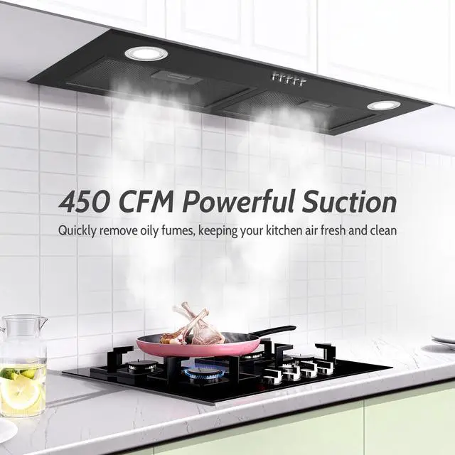 Alt view image 2 of 7 - Black Range Hood 28 Inch, Built-in Kitchen Vent Hood with 450 CFM, 3 Speed Exhaust Fan, 2 LED Lights & Button Control, Ducted/Ductless Convertible