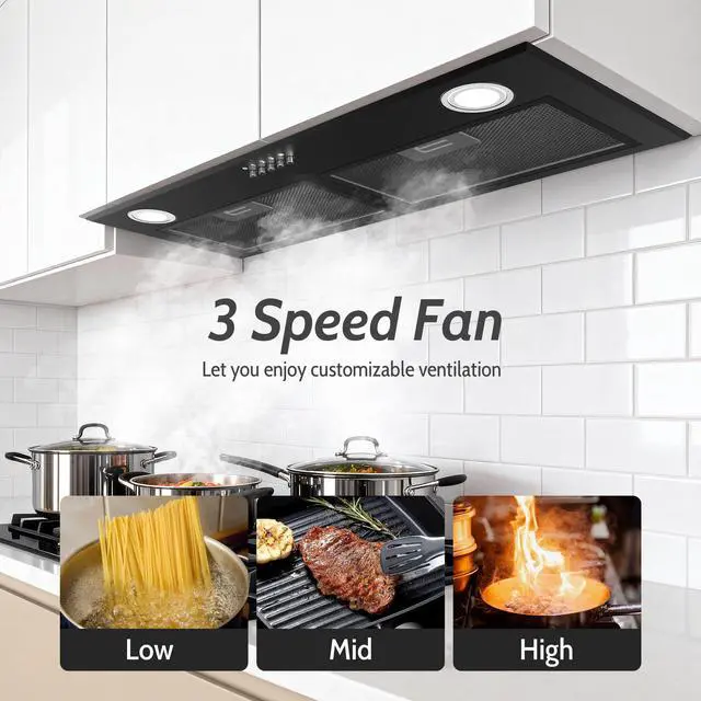 Alt view image 3 of 7 - Black Range Hood 28 Inch, Built-in Kitchen Vent Hood with 450 CFM, 3 Speed Exhaust Fan, 2 LED Lights & Button Control, Ducted/Ductless Convertible
