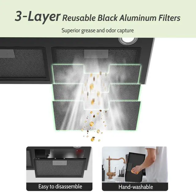 Alt view image 4 of 7 - Black Range Hood 28 Inch, Built-in Kitchen Vent Hood with 450 CFM, 3 Speed Exhaust Fan, 2 LED Lights & Button Control, Ducted/Ductless Convertible