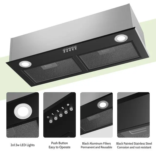 Alt view image 5 of 7 - Black Range Hood 28 Inch, Built-in Kitchen Vent Hood with 450 CFM, 3 Speed Exhaust Fan, 2 LED Lights & Button Control, Ducted/Ductless Convertible
