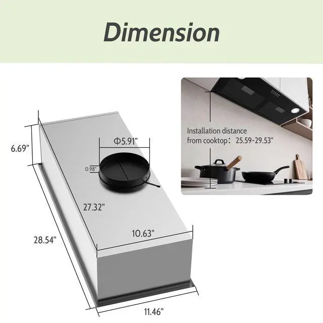 Alt view image 6 of 7 - Black Range Hood 28 Inch, Built-in Kitchen Vent Hood with 450 CFM, 3 Speed Exhaust Fan, 2 LED Lights & Button Control, Ducted/Ductless Convertible