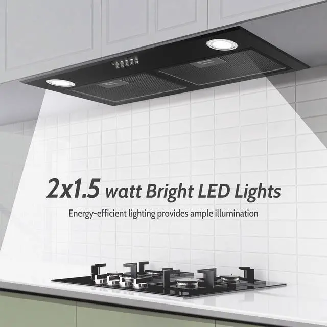 Alt view image 7 of 7 - Black Range Hood 28 Inch, Built-in Kitchen Vent Hood with 450 CFM, 3 Speed Exhaust Fan, 2 LED Lights & Button Control, Ducted/Ductless Convertible