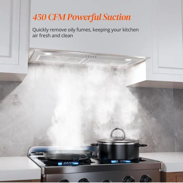 Alt view image 2 of 7 - Range Hood 28 Inch, Built-in Stainless Steel Kitchen Vent Hood with 450 CFM, 3 Speed Exhaust Fan, 2 LED Lights & Button Control, Ducted/Ductless Convertible