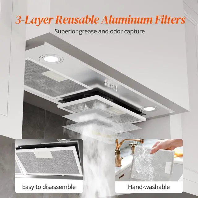 Alt view image 3 of 7 - Range Hood 28 Inch, Built-in Stainless Steel Kitchen Vent Hood with 450 CFM, 3 Speed Exhaust Fan, 2 LED Lights & Button Control, Ducted/Ductless Convertible
