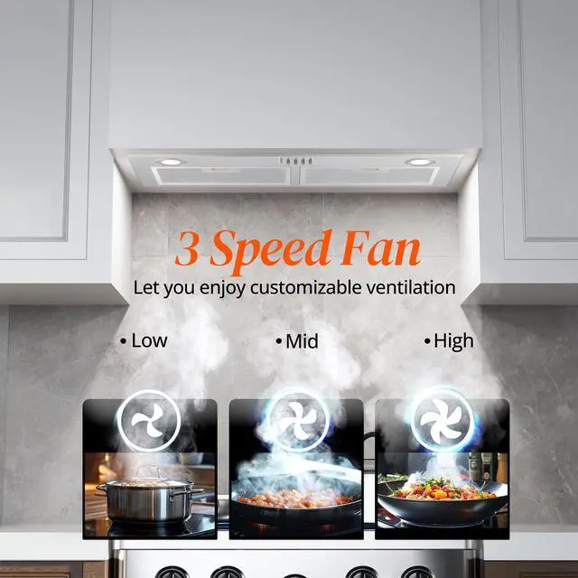 Alt view image 5 of 7 - Range Hood 28 Inch, Built-in Stainless Steel Kitchen Vent Hood with 450 CFM, 3 Speed Exhaust Fan, 2 LED Lights & Button Control, Ducted/Ductless Convertible