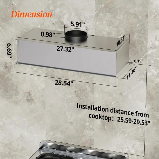 Alt view image 6 of 7 - Range Hood 28 Inch, Built-in Stainless Steel Kitchen Vent Hood with 450 CFM, 3 Speed Exhaust Fan, 2 LED Lights & Button Control, Ducted/Ductless Convertible
