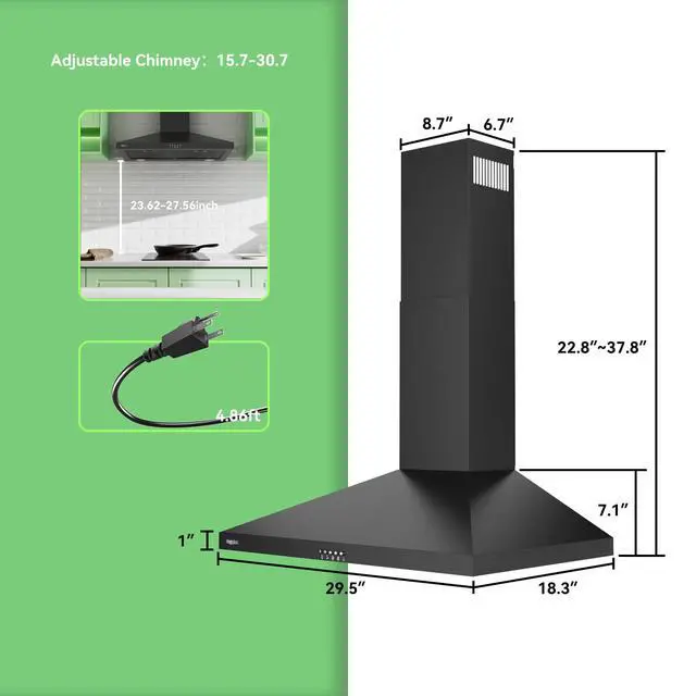 Alt view image 2 of 7 - Wall Mount Range Hood 30 inch, 380 CFM Kitchen Hood | Ducted/Ductless Convertible, 3 Speed Exhaust Fan with LED light, Balck
