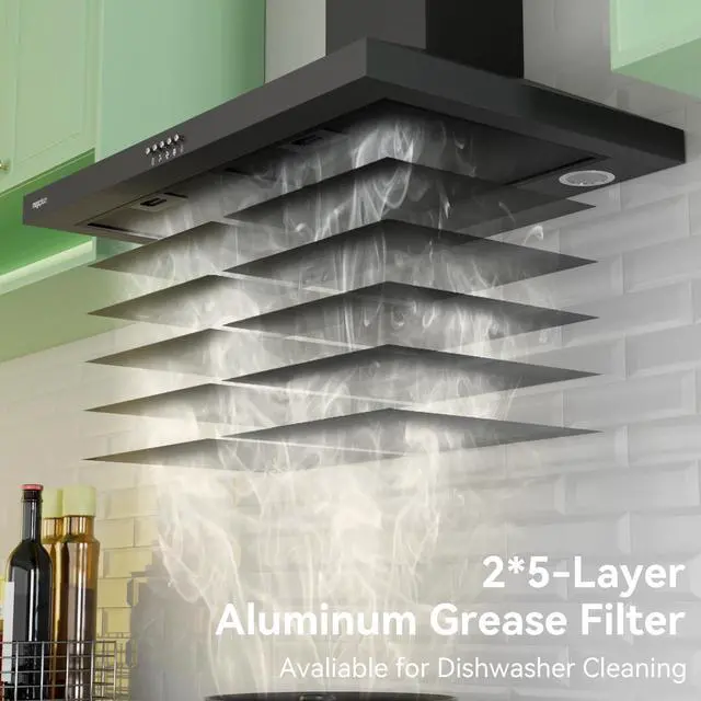 Alt view image 6 of 7 - Wall Mount Range Hood 30 inch, 380 CFM Kitchen Hood | Ducted/Ductless Convertible, 3 Speed Exhaust Fan with LED light, Balck