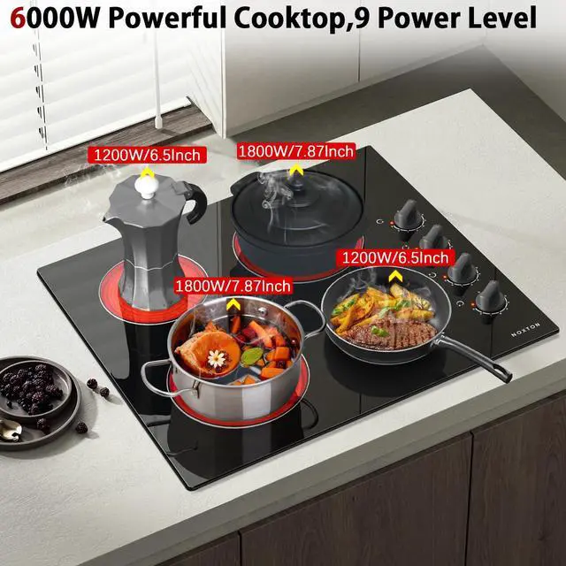 Alt view image 4 of 7 - 24 Inch Electric Cooktop 4 Burners Electric Stove Top, Built-in 24" | Built-in 24" Radiant Ceramic Cooktop, Knob Control, Suit for Seniors,Hot Surface Indicator, 6000W, 220-240v HardWire, No Plug
