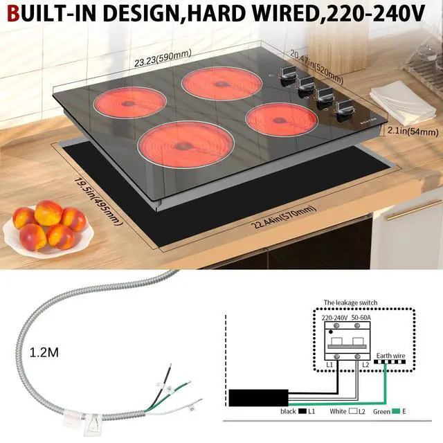 Alt view image 6 of 7 - 24 Inch Electric Cooktop 4 Burners Electric Stove Top, Built-in 24" | Built-in 24" Radiant Ceramic Cooktop, Knob Control, Suit for Seniors,Hot Surface Indicator, 6000W, 220-240v HardWire, No Plug