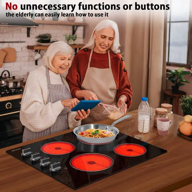 Alt view image 2 of 7 - 24 Inch Electric Cooktop 4 Burners Electric Stove Top, Built-in 24" | Built-in 24" Radiant Ceramic Cooktop, Knob Control, Suit for Seniors,Hot Surface Indicator, 6000W, 220-240v HardWire, No Plug