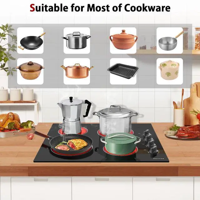 Alt view image 7 of 7 - 24 Inch Electric Cooktop 4 Burners Electric Stove Top, Built-in 24" | Built-in 24" Radiant Ceramic Cooktop, Knob Control, Suit for Seniors,Hot Surface Indicator, 6000W, 220-240v HardWire, No Plug