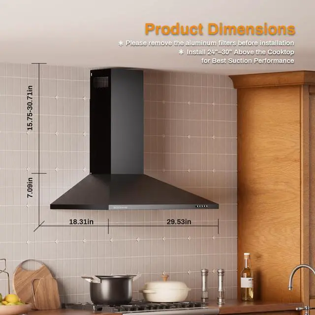 Alt view image 2 of 7 - 30 Inch Wall Mount Range Hood Stainless Steel Ducted/Ductless Convertible Kitchen Exhaust Hood with 450 CFM Motor, 3 Speed Fan, LED Lighting and Dishwasher Safe Filters