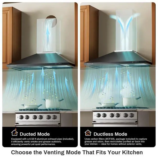 Alt view image 3 of 7 - 30 Inch Wall Mount Range Hood Stainless Steel Ducted/Ductless Convertible Kitchen Exhaust Hood with 450 CFM Motor, 3 Speed Fan, LED Lighting and Dishwasher Safe Filters