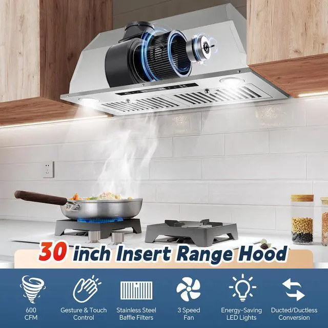 Alt view image 3 of 7 - Range Hood Insert 30 inch, Ducted/Ductless Range Hood | Gesture Sensing & Touch Control, Built-in Kitchen Hood 600 CFM, 2 Pcs Stainless Steel Baffle Filters
