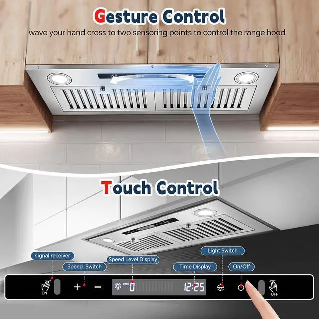 Alt view image 4 of 7 - Range Hood Insert 30 inch, Ducted/Ductless Range Hood | Gesture Sensing & Touch Control, Built-in Kitchen Hood 600 CFM, 2 Pcs Stainless Steel Baffle Filters