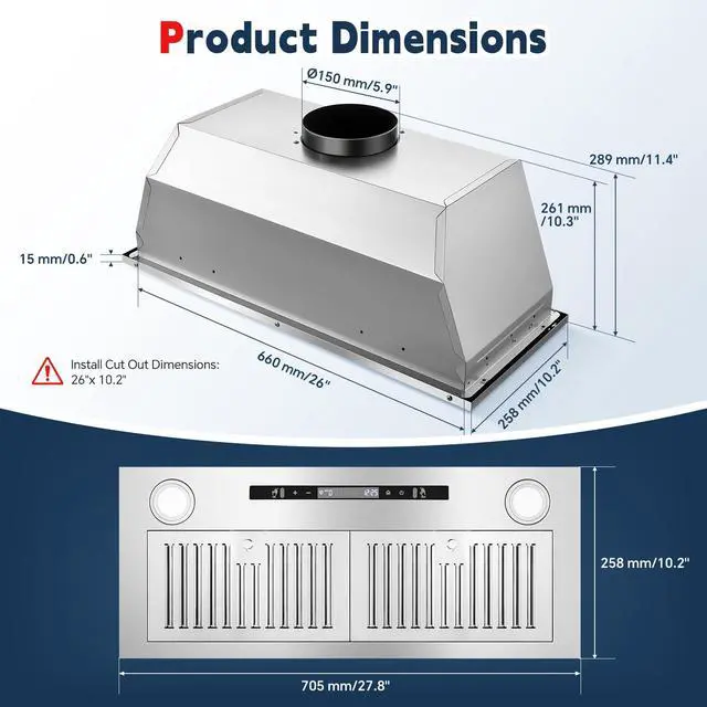 Alt view image 2 of 7 - Range Hood Insert 30 inch, Ducted/Ductless Range Hood | Gesture Sensing & Touch Control, Built-in Kitchen Hood 600 CFM, 2 Pcs Stainless Steel Baffle Filters