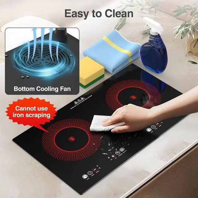 Alt view image 7 of 7 - Electric cooktop,110V 24 inch 2 Burner Electric Cooktop,Built-in and Countertop Stove Top,2200W Stove,9 Power Levels, Kids Lock & Timer,LED touch control,Overheat Protection