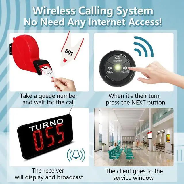 Alt view image 2 of 6 - Take a Number System Queue Wireless Calling System Spanish with 1 TURNO Display 2 NEXT Call Button 1 Ticket Dispenser 3-Digit Ticket Roll for Restaurant Hospital Clinic Bank Waiting