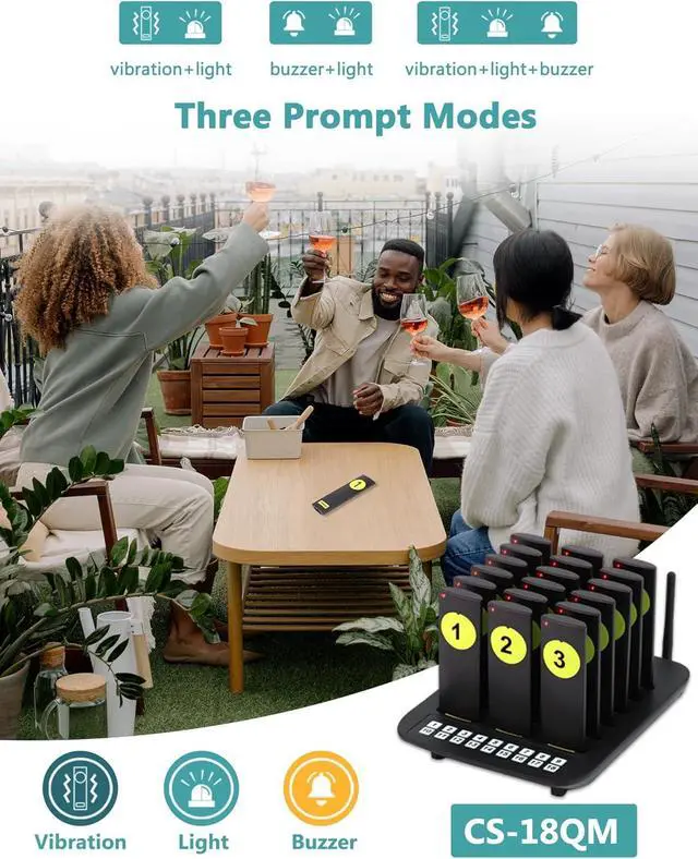 Alt view image 2 of 7 - Long Range Wireless Restaurant Pager System,2000Ft Coverage with Vibration & Flashing Alert, Ideal for Food Trucks, Cafes, and Hospitals 18 Pagers