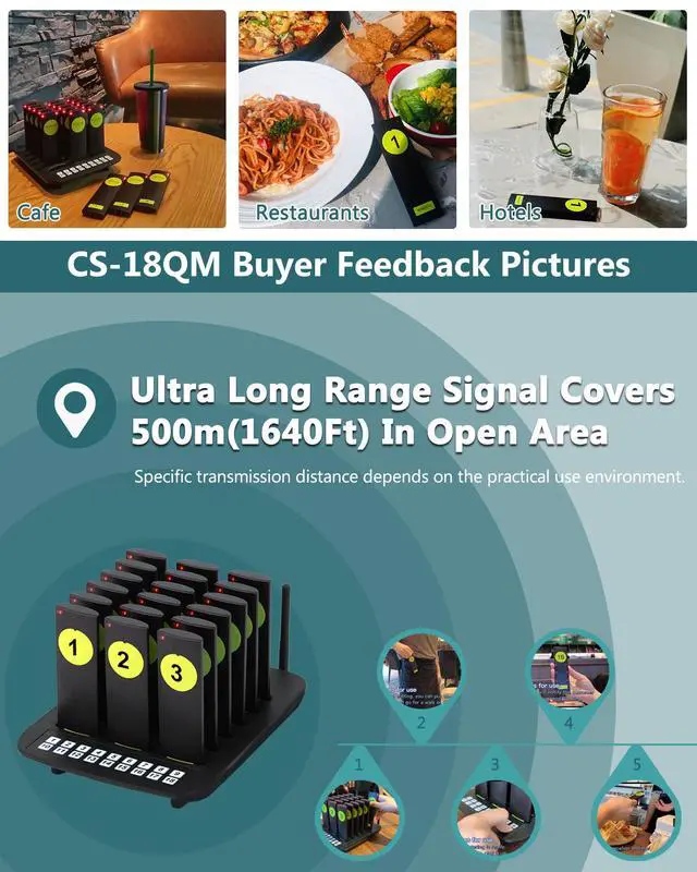Alt view image 4 of 7 - Long Range Wireless Restaurant Pager System,2000Ft Coverage with Vibration & Flashing Alert, Ideal for Food Trucks, Cafes, and Hospitals 18 Pagers