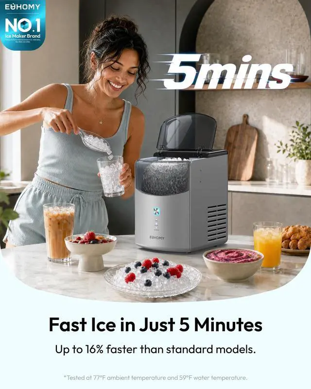 Alt view image 2 of 7 - Countertop Nugget Ice Maker, 35lbs Daily Sonic Crushed Ice Machine | Ice Ready in 5 Mins, Dual-Pump Self-Cleaning, Detachable Lid, Pebble Ice Maker with Basket, Scoop, 4 Packs Cleaner, Grey