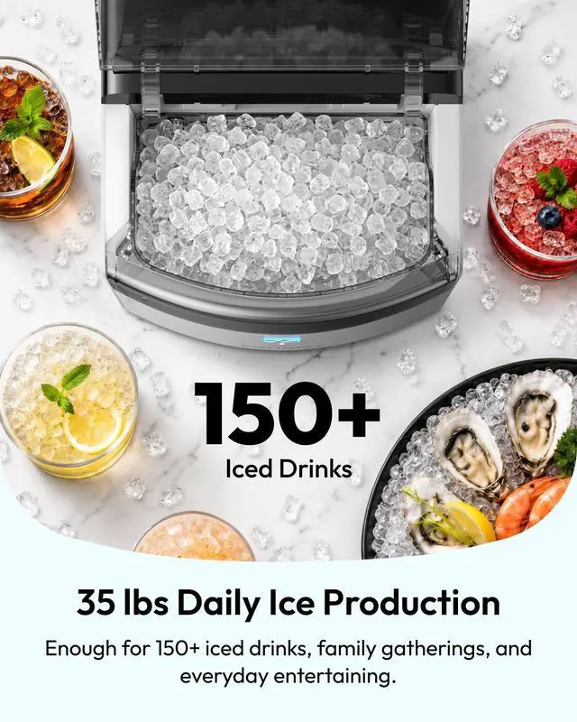Alt view image 3 of 7 - Countertop Nugget Ice Maker, 35lbs Daily Sonic Crushed Ice Machine | Ice Ready in 5 Mins, Dual-Pump Self-Cleaning, Detachable Lid, Pebble Ice Maker with Basket, Scoop, 4 Packs Cleaner, Grey