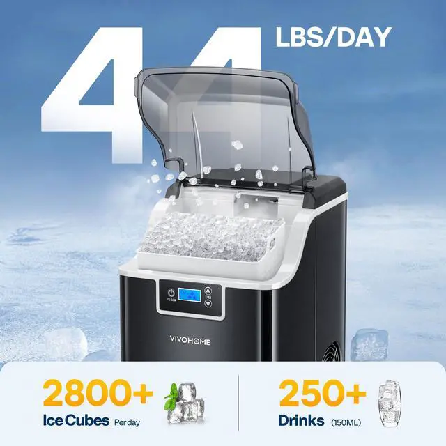 Alt view image 3 of 7 - Nugget Ice Maker Countertop, 44lbs/Day, Black | Portable Pebble Soft Chewable Pellet Ice Machine with Self-Cleaning, Scoop, 10 Ice Bags, for Home Kitchen, Party, RV, Camping