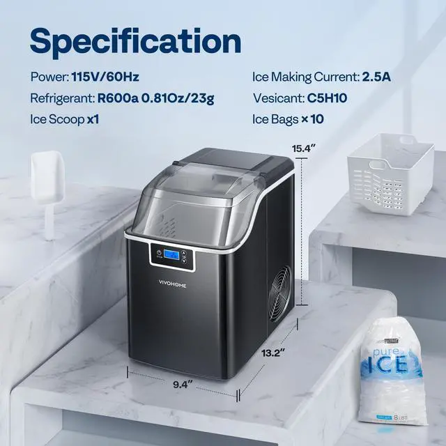 Alt view image 7 of 7 - Nugget Ice Maker Countertop, 44lbs/Day, Black | Portable Pebble Soft Chewable Pellet Ice Machine with Self-Cleaning, Scoop, 10 Ice Bags, for Home Kitchen, Party, RV, Camping